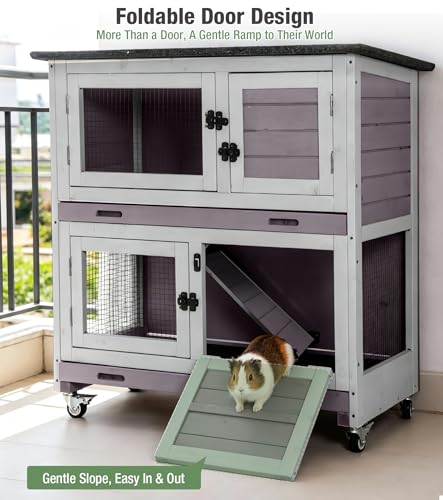 Two-Tier Guinea Pig Cages Rabbit Hutch with Anti-Chew Ramp | bunny cage with dual deep trays, weatherproof roof, lockable catsters, multiple access doors - color: 36“L Grey