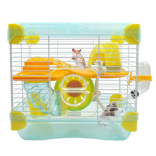 2 Layers Hamster Cage with Tubes Mouse Cage with Accessories Water Bottle Food Dish Transparent Hamster Habitat with Exercise Wheel for Hamster Guinea Pig Gerbil (10.9" x 8.1" x 9.8" Blue) - color: 【Blue】