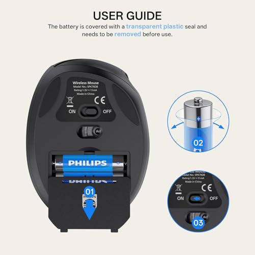 PHILIPS SPK7628 Ergonomic Mouse - Wireless Mouse with 3 Adjustable DPI | 2.4 GHz Vertical Mouse for Laptop and Desktop,6 Silent Buttons Quiet Mouse for S/M Rght Hands, Lightweight, Auto Sleep - color: Black
