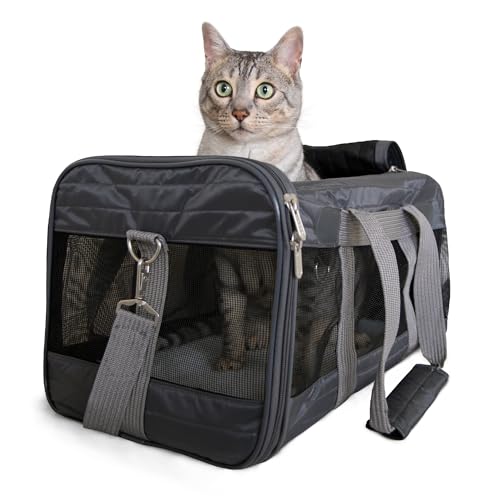 Sherpa Pet Carrier Airline Approved with Spring Wire Frame - Cat Carrier and Dog Carriers for Airline Travel and Vet Visits, Mesh Ventilation, Locking Zippers - Charcoal Grey, Large - color: Charcoal Gray, size: 19.0"L x 11.5"W x 11.8"H