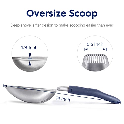 Cat Litter Scoop, Aluminum Alloy Sifter, Kitty Metal Scooper, Deep Shovel, Long Handle, Poop Sifting, Kitten Pooper Lifter, Durable, Heavy Duty, for Litter Box - color: FLAT Aluminum \ #01 Blue Handle, size: Large