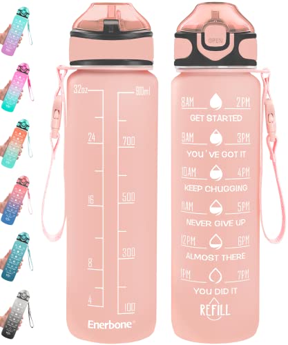 Enerbone 32 oz Water Bottle with Times to Drink and Straw, Motivational Drinking Water Bottles with Carrying Strap, Leakproof BPA & Toxic Free, Ensure You Drink Enough Water for Fitness Gym Outdoor - color: Lotus Matte