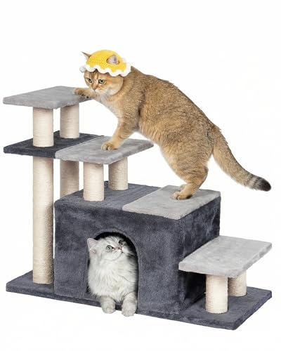 Aechonow 4-Tier Cat Stairs for High Bed with 22'' Cat Scratching Post | Pet Steps for Doggies Rabbit Ferret, Adjustable Cat Cave, Grey, Extra Large - size: Extra Large-Gray