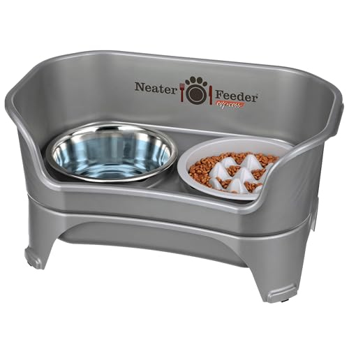 Neater Feeder Express Mess Proof Dog Bowls Elevated for Medium and Large Breed – Made in USA – No Spill Raised Slow Feeder Elevated Dog Bowl Stand, Slow Feed Food and Water Bowl Set, Grey - color: Gunmetal Grey, size: Medium to Large w/ 9 Peak Slow Feed B