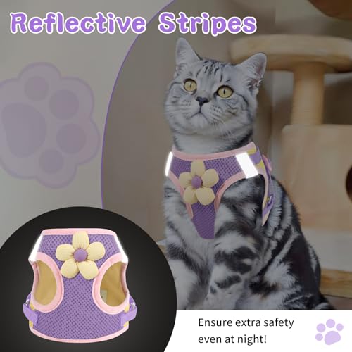 Cat Harness and Leash Set, Escape Proof Soft Vest Walk Purple XS | Adjustable, Easy Wear, Breathable Comfy Mesh, Reflective Strips, Sturdy Clip Buckle Flower Harness for Cats Kitty Puppy Bunny - color: Romantic Purple, size: Extra Small