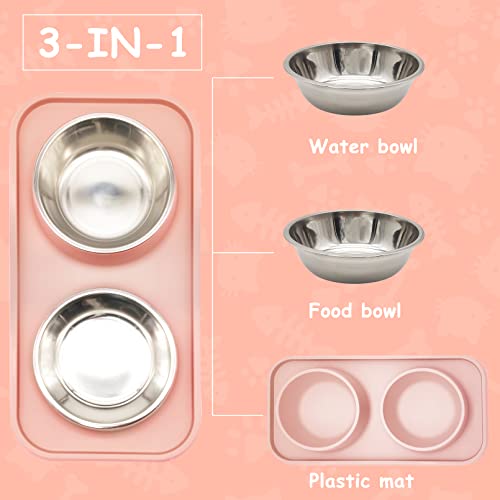 BNOSDM Double Dog Food Bowls Stainless Steel Dog Food and Water Bowls with Non-Spill Plastic Mat Pet Cat Feeder Bowl Set for Puppy Cats Kitten Small Medium Dogs Pink - color: Pink