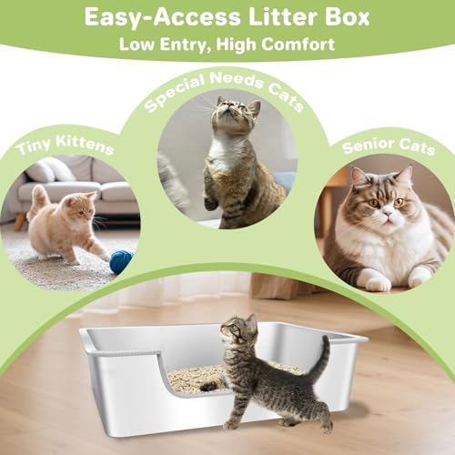 2-Pack Low Entry Litter Box for Senior Disabled & Injured Cats, Stainless Steel High Sided Enclosed Easy Step in Entry-Metal Kitty Litter Box for Kittens, Odor Control (17.7"x13.8"x5.9") - size: 2PACK-17.7"x13.8"x5.9"-M