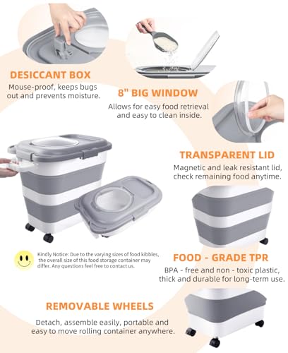 25-28Lbs Dog Food Storage Container Airtight,Collapsible Pet Food Storage | Dog Food Container with Handle,Wheels,Double Airtight Seal Fresh,Save Space,Pest/Mouse-proof,Small Cat Food Container,Scoop - color: Grey/25-28 Lbs