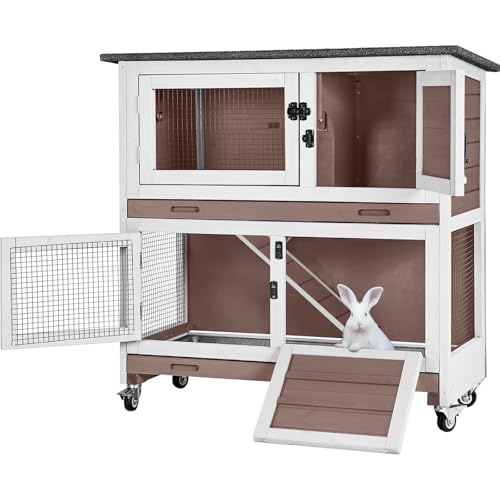 Rabbit Hutch Bunny Cage Wooden 2-Story Indoor Outdoor Small Animal House with Wheels, Two Removable Trays, Guinea Pig Cage (Brown) - color: Brown