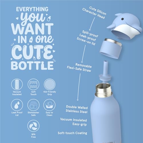 asobu Bestie Water Bottle, Cute Collectible Character, Leak Proof, BPA Free | 16 oz, Stays Cold 24 Hours, Double Wall Vacuum Insulation, Food Grade Stainless Steel, Spill Resistant, Great Gift Idea - color: KIYOSHI THE DOLPHIN