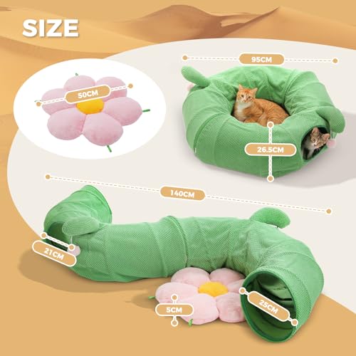 PEQULTI Cat Tunnel with Bed for Indoor Cats, Cat Play Donut Tunnel with Washable Soft Plush Flower Mat, Round Tube Toys Cute Tube for Kittens, Puppies, Rabbits and Ferrets, Green&Pink - color: Flower