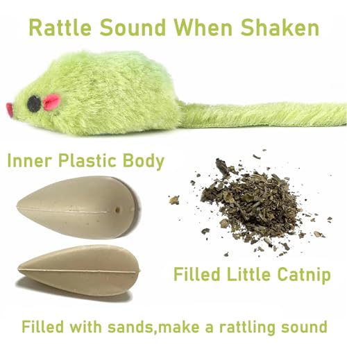 12PCS Cat Mouse Toys, Faux Fur Interactive Catnip Mice | Realistic 3.9in size with a durable plastic body and rattling sound, Perfect for indoor Cats, Kittens and Puppies