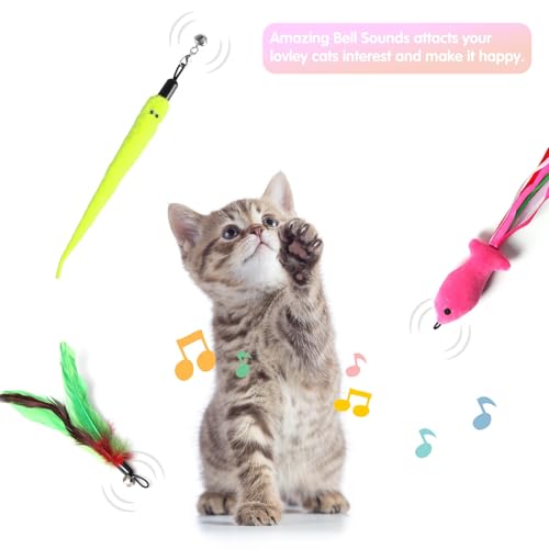 Retractable Cat Toy Wand 12 Packs Interactive Cat Feather Toys | , 9 Assorted Teaser Refills with Bell for Kitten (Pink) - size: 12 PCS