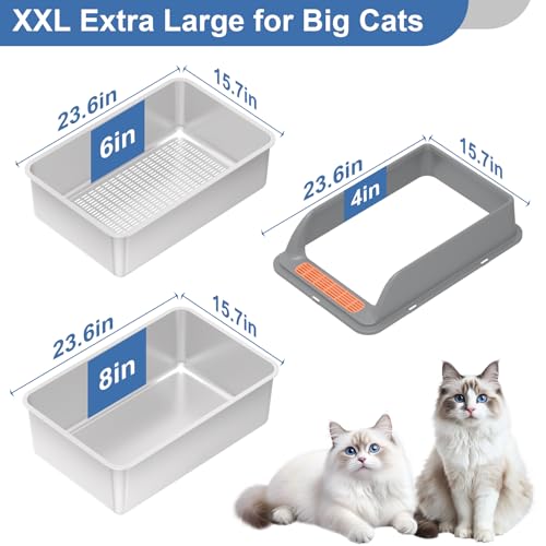 Stainless Steel Sifting Litter Box with Lid, XXL Extra Large Sifting Cat Litter Box for Pine Pellets & Big Cats,Metal Pellet Sifter Litter Pan System for Odor Control,Sifting Box Liners & Scoop - size: XXL:23.6''×15.7''×12''