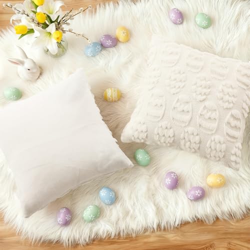 decorUhome Cream White Faux Fur Egg Throw Pillow Covers 16x16 Set of 2 | Plush Soft Wool Jacquard Cream White Cushion Covers, Modern Farmhouse Easter Holiday Decor Pillow Covers for Couch Sofa Bed - color: Eggs Cream White, size: 16" x 16" (Pack of 2)