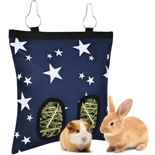 Upgraded Rabbits Hay Feeder Bag for Bunny, Guinea Pigs, Chinchillas - Hanging Washable 2-Hole Hay Dispenser with 600D Oxford Fabric, Small Animal Cage Accessories (Blue Star) - color: Blue Star