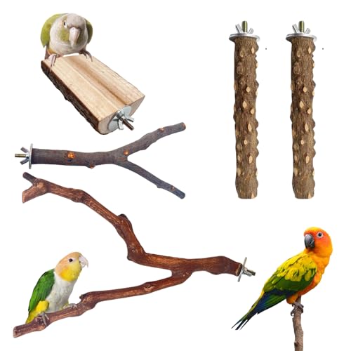 5PCS Bird Perch Stand, Bird Perch Stand Natural Wood Standing | Birds Cage Accessories,Natural Wood Pole Standing Paw Grinding Fork, Suitable for Most Birds, Such as Lovebirds, Parrots - color: Wood