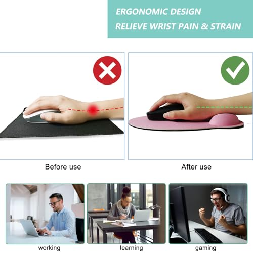 Mouse Pad with Wrist Support, Ergonomic Mouse Pad with Memory Foam Wrist Rest Cushion, Non-Slip Rubber Base Gaming Mice Pad for Home Office Computer Laptop, Pink - color: Pink