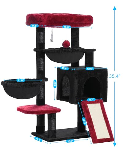Hey-brother Cat Tree Tower With Large Bed, Hammocks, Scratcher, MPJ006SBR - color: Black and Red, size: 35.4 inch