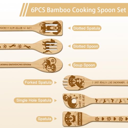 GLOBLELAND 6 Pcs Dachshund Wooden Spoons Utensil Set Cute Dog Bamboo Carving Kitchen Cooking Utensils Wooden Engraved Cooking Spatula Sets for Kitchen Fun House Warming Gift - color: Dachshund