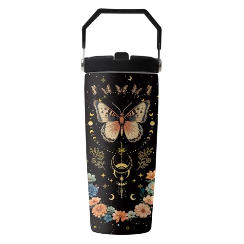 Butterfly 28 oz Tumbler, with Handle Lid Straw, Stainless Steel Cup | 28oz Insulated Tumbler, Travel Leak Proof Water Bottle, Thanksgiving Christmas Birthday Gift for Animal Moon Butterfly Lovers - color: Black