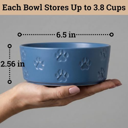 Ceramic Dog Bowl Set of 2 w/ Anti-Skid Base 6.5"W x 2.5"H, 3.8 Cup Capacity | Thick Ceramic, Dishwasher Safe, Anti-Skid Rubber Base, 3.8 Cups per Bowl, Ceramic Food & Water Bowls Set of 2 for Medium Dogs - color: Blue, size: Medium