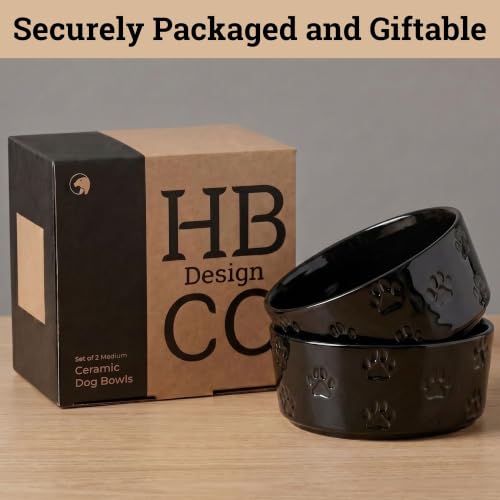 Ceramic Dog Bowl Set of 2 w/ Anti-Skid Base 6.5"W x 2.5"H, 3.8 Cup Capacity | Thick Ceramic, Dishwasher Safe, Anti-Skid Rubber Base, 3.8 Cups per Bowl, Ceramic Food & Water Bowls Set of 2 for Medium Dogs - color: Black, size: Medium
