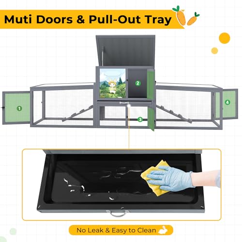 COZIWOW 95inches Extra Large Wood Rabbit Hutch Outdoor Easy to Assemble and Stable Bunny Cage Indoor with Cleaning Tray & Waterproof Roof for Small and Medium Bunny Rabbit Chick（Grey with Pattern） - color: Gray