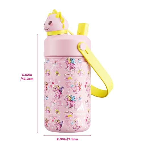 POWCAN 12 oz Kids Water Bottle: 2-in-1 Straw Spout Lid with Soft Animal Head, Leakproof, Backpack Friendly, Keep Cold 24H, Cute Patterns, Insulated Cup for School, Playtime, Trip, Gift (Lovely Trike) - color: Lovely Trike, size: 12 Ounces