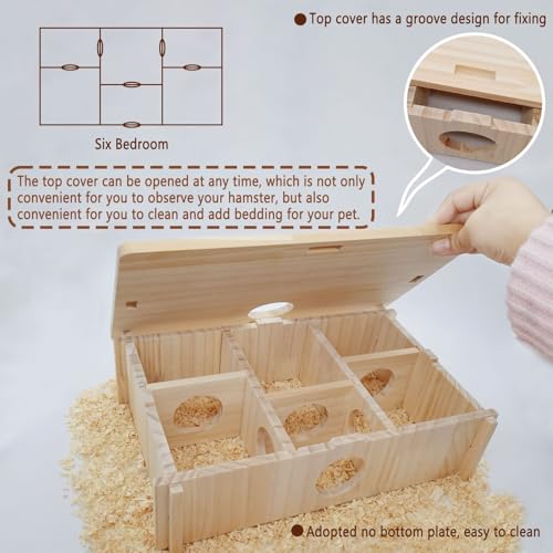 Kathson Multi-Chamber Hamster Tunnel House Maze: 2 Entrance 6 Rooms Hideout | Multichamber Hamster Hide with Cover,Mice House Tunnel Exploring Toy for Dwarf Hamsters, Gerbils,Small Animals - color: Natural wood Hamster Maze House