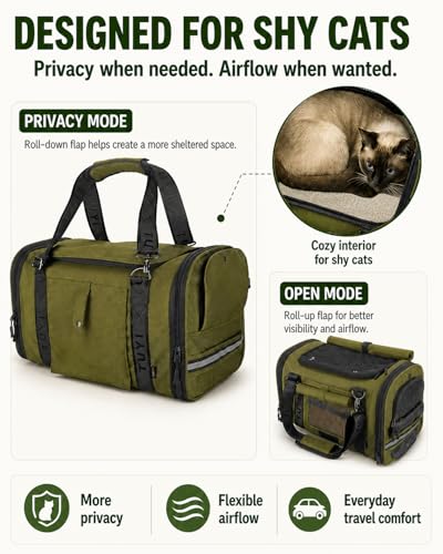 Soft-Sided Cat Carrier for Anxious Cats, Privacy Flaps 17x9.5x10.5in | 1680D Nylon, Metal Hardware, Reinforced Resin Mesh, Locking Zippers & Anti-Sag Base for Vet, Car and Under-Seat Air Travel.
