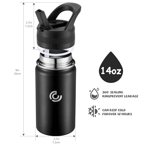 14 Oz Kids Water Bottle, Stainless Steel Water Bottle with Straws, Leak-Proof, BPA-Free, Insulated Water Bottles for School Boys & Girls|Black - color: Black