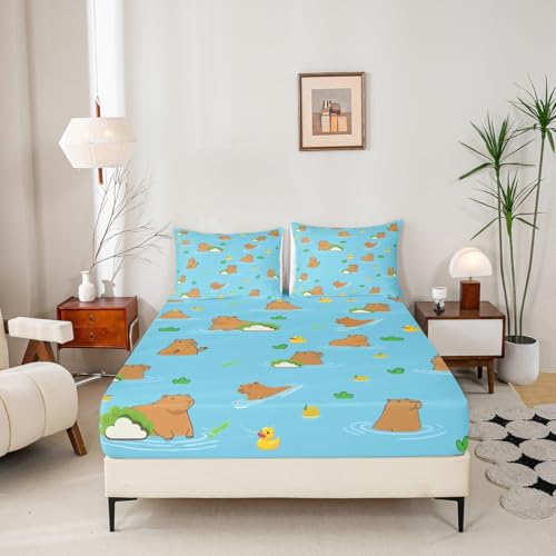 Erosebridal Cabybara Fitted Sheet Twin Size Funny Mouse Rodent Bedding Set Cartoon Animal Bed Sheets Kids Gifts for Capybara Lovers, Cute Kawaii Duck Sheets 2 Pieces with 1 Pillow Case - color: Multi 29, size: Twin (No Top/Flat Sheet)