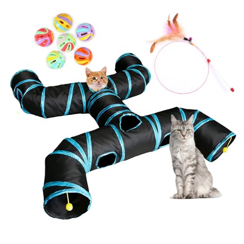 4-Way Large Cat Tunnel, H Shape Cat Tube Toy with Interactive Playing Balls, Peek Hole for Indoor Cats, Kitten, Kitty, Puppy, Rabbit (Black) - color: Black