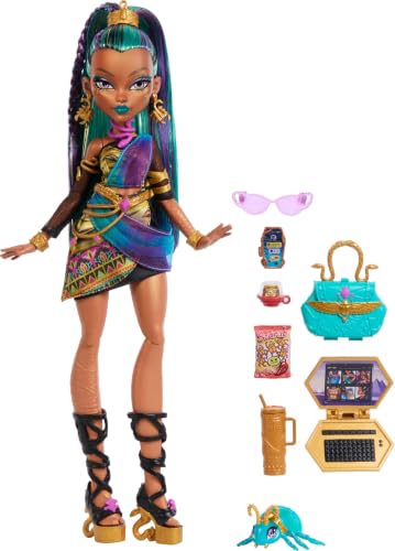 Monster High Nefera De Nile Doll | Royal Mummy in Dress with Pet Scarab Lavish and 7 Accessories like Purse, Laptop, Sunglasses, Drink and Snacks - style: Nefera