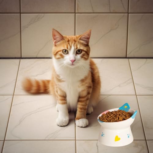 Cute Ceramic Raised Cat Bowls Elevated Design, 15° Tilted FeederProtect Cat's Spine Anti Vomiting Blow for Flat Faced Cats, Kitten Small Dogs,Raise Tilted Cat Food Bowld Pet Dishes(Black) - color: Black