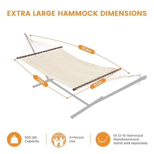 Lazy Daze XL Handwoven Caribbean Rope Hammock, 2+ Person Hammock | 13FT Polyester Outdoor Hammock with Spreader Bars & Straps & Carabiners, 500lbs Capacity for Outside, Patio, Gream - color: Gream