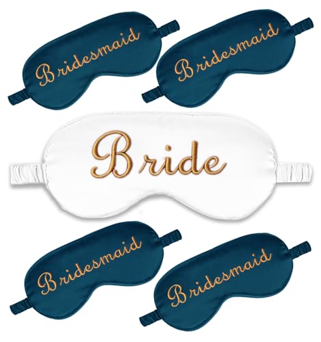 WJINGYIJIA Bridal Party Satin Sleep Mask Set, 1 Bride and 4 Bridesmaid Eye Masks, Gold Embroidered, Bachelorette Party Favors, 5 Pack (Peacock Blue, One Size) - color: Peacock Blue