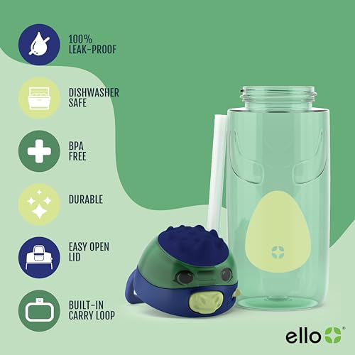 Ello Ellies 16oz BPA-Free Plastic Leakproof Kids Water Bottle, Dino | Animal shaped plastic kids water bottle with straw, leakproof locking lid, carry handle, & BPA-free design for school lunches - color: Dino, size: 16 Ounces