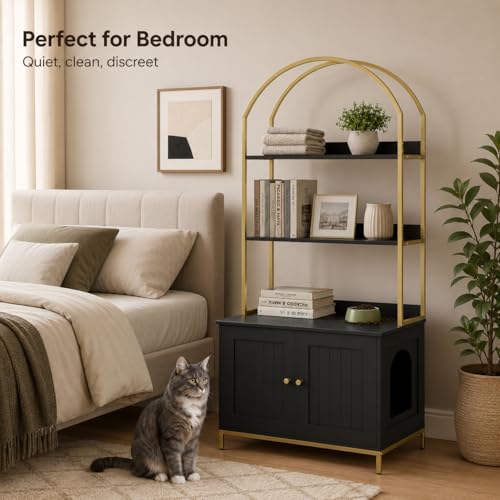 Homhedy Cat Litter Box Enclosure with 2-Tier Shelves, Black and Gold | Litter Box Furniture Hidden, Indoor Cat House, Wooden Cat Washroom Furniture with Metal Frame, Modern Style - color: Black and Gold
