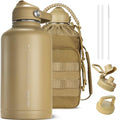 ONETIGRIS 64oz Tactical Insulated Water Bottle with 3 Lids & MOLLE Pouch | 48H Cold and 24H Hot Double Wall,304 Stainless Steel Wide Mouth,BPA Free Leakproof Silicone Seal，Paracord Handle Easy Carry - color: Brown