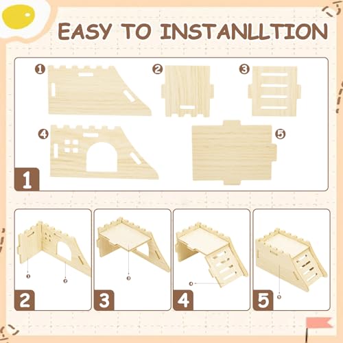 BreezeHug 4 Pcs Hamster Cage Accessories Hamster Platform Hideout Wooden Tunnel Ladder Playhouse Game Climbing Toy with Platform for Pets Dwarf Syrian Mice Degus Gerbils Squirrel(Castle) - style: Castle