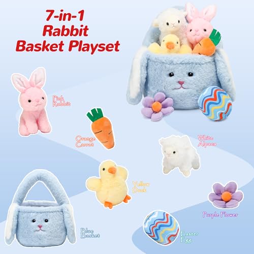 Vposyako 7 Piece Easter Basket Eggs Playset Stuffed Rabbit Chick Lamb Toy Set for Kids Girls Boys Ages 3+ Easter Bunny Basket Plush Sensory Toys Soft Plush Toy for Easter Party Favors - style: Blue Easter Basket