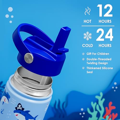 Shark Kids Water Bottle With Straw Lid 12oz Insulated Stainless Steel, Travel Tumbler, Gifts For Boys Girls, Birthday, Christmas, Back To School - color: Shark 1
