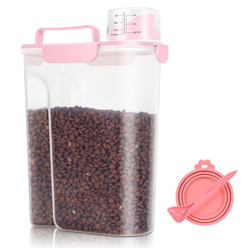Pet Dog Cat Food Storage Container 5 to 7 lbs with Can Cover and Mixing Spoon, Airtight Pet Food Storage Dispenser with Large Spout & Measuring Cup for Kibble Dog Treat Bird Seed Container -Pink - color: Pink 6Qt