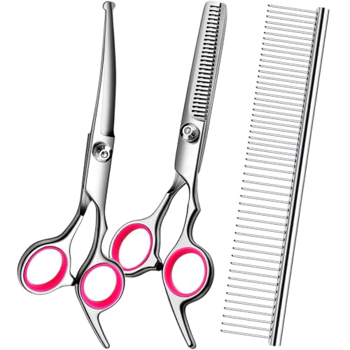 Dog Grooming Scissors Kit, Premium Stainless Steel Dog Shears with Curved Shears, Sharp Durable for Dogs Cats+Pink 3 Piece - color: Pink 3 Piece