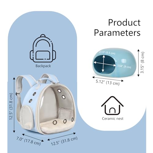 2-Pack Small Animal Backpack Carrier & Ceramic Hamster Hideout for Cooling Summer, Hamster House and Habitat Cool Bed for Other Similar-Size Small Pet Gerbil Rat Chinchilla - color: Blue