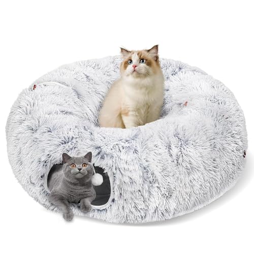Baseola Fuzzy Cat Tunnel Bed for Indoor Cats, 2-in-1 Interactive Cat Toys | Peekaboo Cat Cave with Washable Mat, Collapsible Cat Play Tunnel for Kittens & Small Pets, Plush Cat Donut Bed Tunnel, Grey - color: Grey
