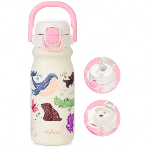 18oz Insulated Stainless Steel Kids Water Bottle for School, Animal | 2-in-1 Straw & Spout Lid, Leak-Proof, BPA-Free, for Girls & Boys, White - color: 18oz White-Animal