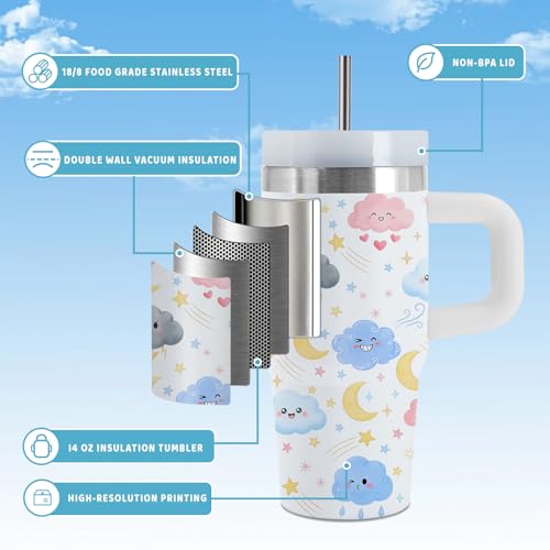 Cloud 14 oz Tumbler, with Handle Straw, Stainless Steel Travel Cup | 14 oz Insulated Water Bottle, Travel Vacuum Coffee Mug, Thanksgiving Christmas Birthday Gift for Daughter, Sky Lover Gifts - color: Cloud-White